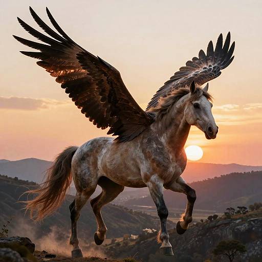 Photograph of a majestic, winged horse with black feathers, galloping against a vibrant sunset over rolling hills and distant mountains.