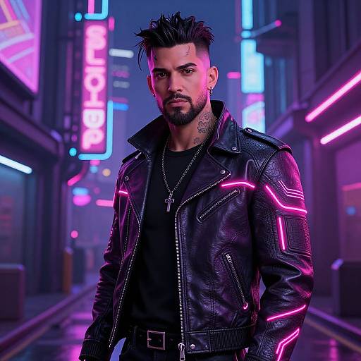 Cyberpunk-style photograph of a tattooed, bearded man with spiked black hair, wearing a neon-lit black leather jacket, standing in a