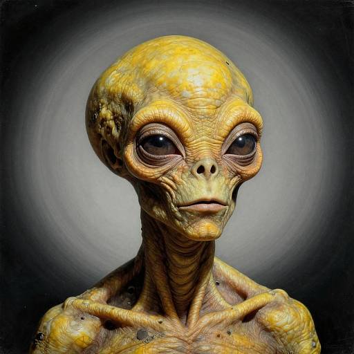 Photograph of a detailed, yellowish-green alien with large, black, round eyes, wrinkled skin, and a smooth head, against a dark