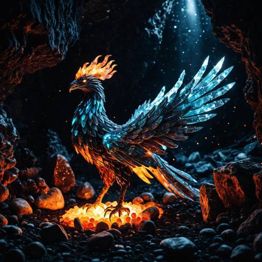 Whimsical Crystalline Phoenix in Dark Cavern