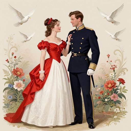 Victorian-style illustration of a romantic couple: woman in red and white dress, man in black military uniform, surrounded by white doves and colorful flowers