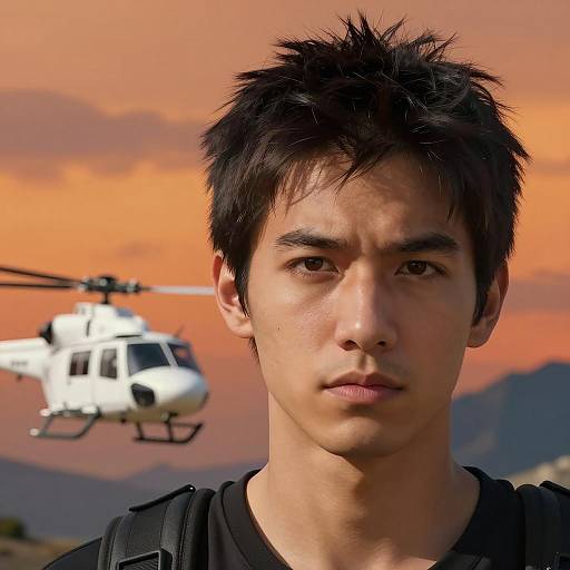 Young Man Against Fiery Orange Sky