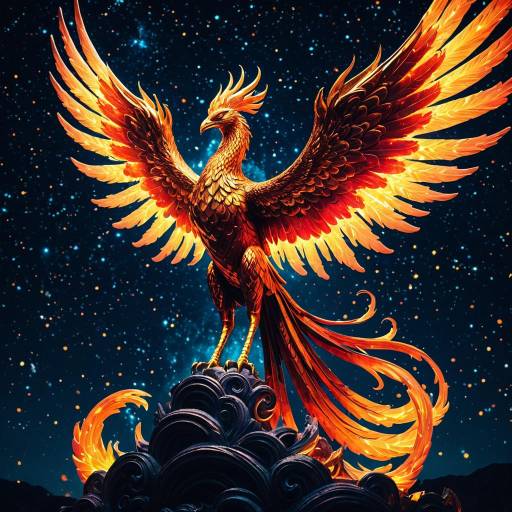Fiery Phoenix Statue Under Starry Night Sky