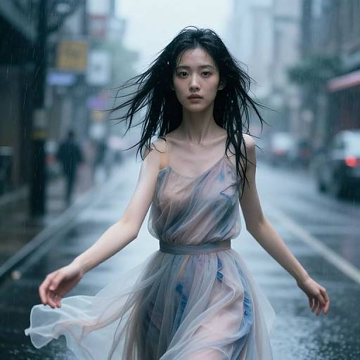 Digital Actress in Rainy Urban Scene