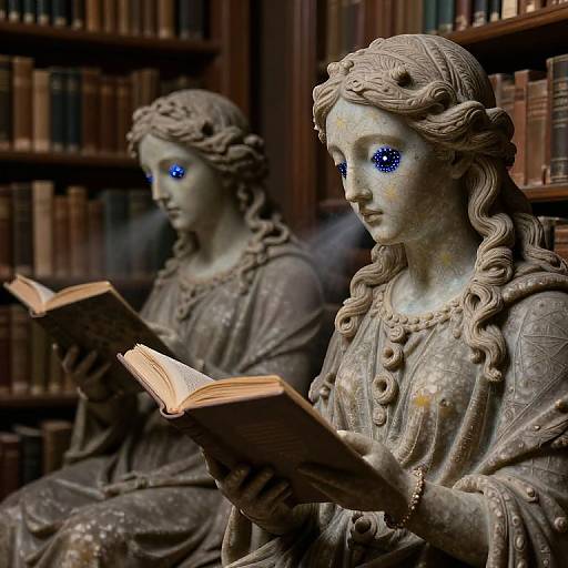 Photograph of two stone statues of ethereal women with glowing blue eyes, reading books in a dimly lit library with wooden bookshelves in the