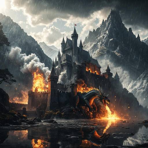 Burning Medieval Castle with Fire-Breathing Dragon
