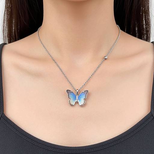 Photograph of an Asian woman's neck and upper chest, wearing a black top, silver butterfly pendant necklace, and a delicate chain.
