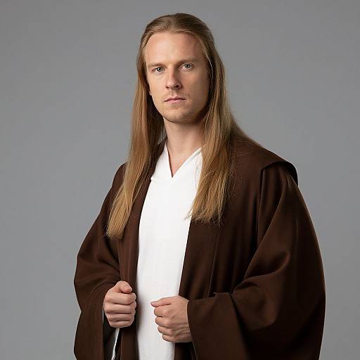 Photograph of a fair-skinned man with long blonde hair, wearing a white shirt and brown robe, standing against a plain gray background, looking directly
