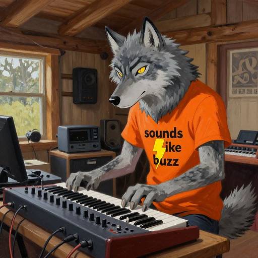 Digital painting of an anthropomorphic wolf with grey fur, yellow eyes, wearing an orange 