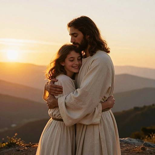 Girl Embracing Jesus at Sunrise