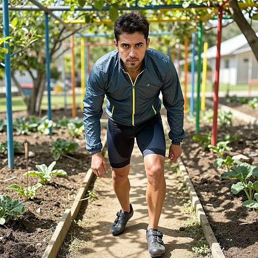 Photograph of a muscular, dark-haired man in a blue zip-up jacket and black shorts, running on a garden path, surrounded by colorful playground structures