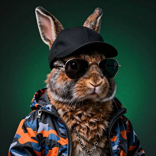 Photorealistic digital artwork of a rabbit wearing a black cap, round sunglasses, and a camouflage jacket with orange and blue patterns, set against a dark