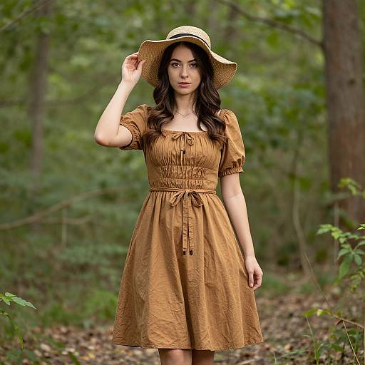 Photograph of a young woman with long dark hair wearing a brown dress and straw hat, standing in a green forest.