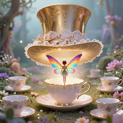 Whimsical digital art: Fairy with rainbow wings emerges from glowing teacup, wearing a gold top hat with white lace, surrounded by floral te