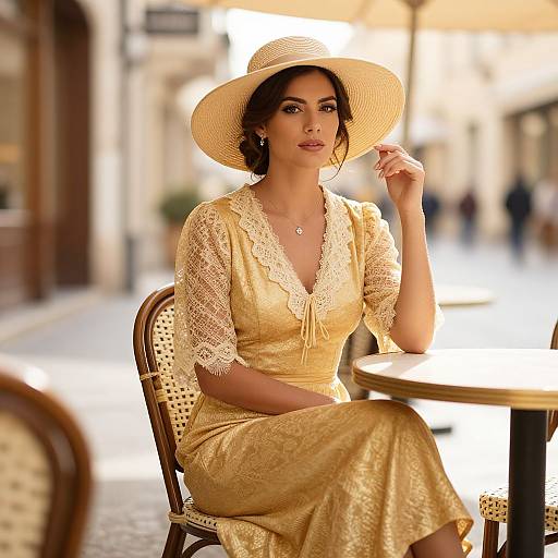 Photograph of a beautiful woman with fair skin and dark hair, wearing a yellow lace dress and wide-brimmed hat, seated at a café table