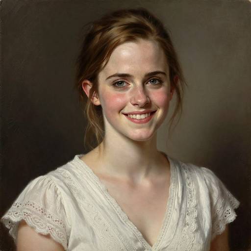 Photograph of a smiling young Caucasian woman with fair skin, blue eyes, and brown hair in a loose ponytail, wearing a white lace-trim