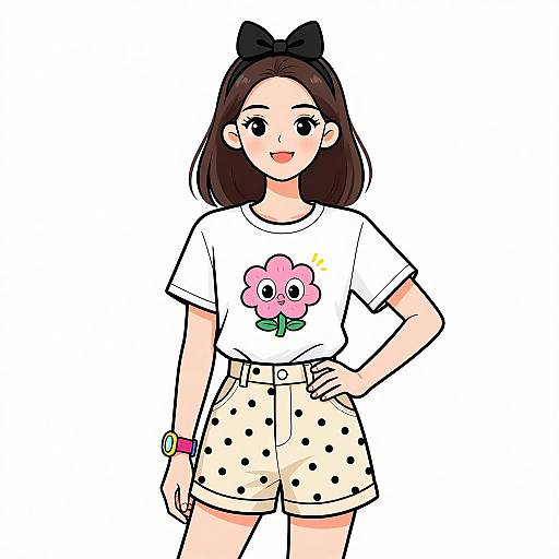 Digital anime-style drawing of a cheerful young woman with straight brown hair, wearing a black bow, white shirt with pink flower, and polka-dot shorts