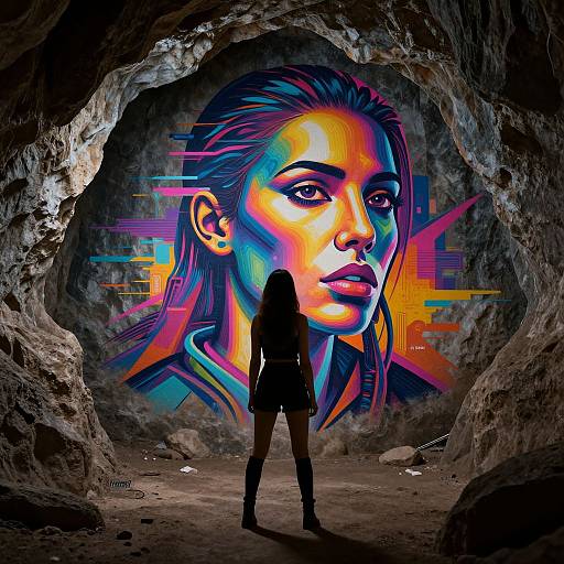 Photograph of a woman silhouetted in a cave, standing in front of vibrant, colorful graffiti of a woman's face on the cave wall