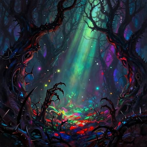 Digital fantasy art: Dark, twisted forest with vibrant, colorful lights and ethereal green beams of light filtering through dense, thorny branches.