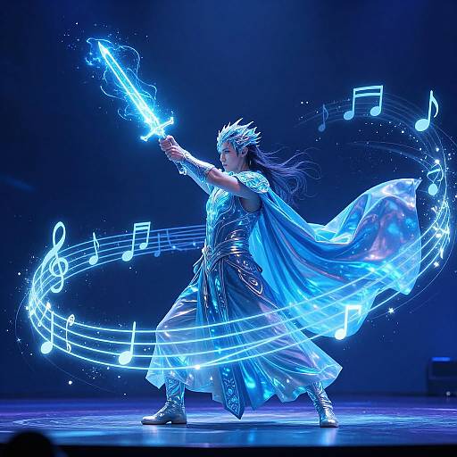 Magical performer in blue metallic armor and flowing cape wielding a glowing blue sword, surrounded by musical notes on stage.