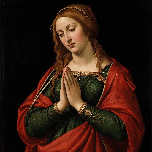 Photorealistic painting of a serene, fair-skinned young woman with long, wavy brown hair, wearing a red cloak over a green dress,