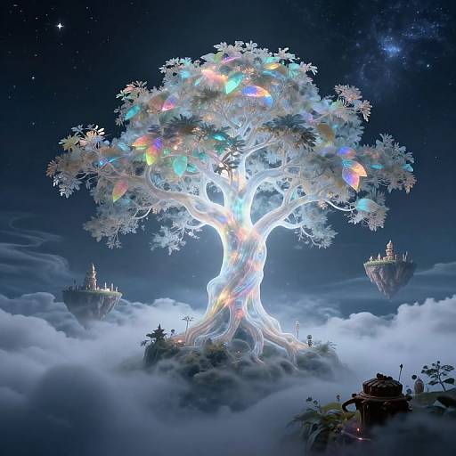 Fantastical digital artwork of a glowing, multicolored tree with ethereal branches, surrounded by floating islands, stars, and misty clouds.
