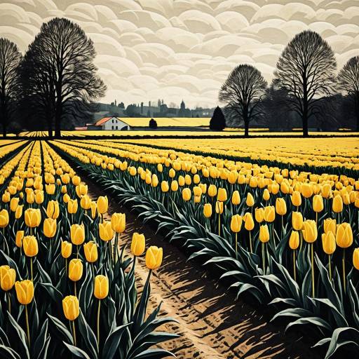 Yellow Tulip Fields in Art Deco Style