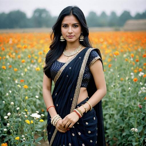 Woman in Designer Saree in Flower Field