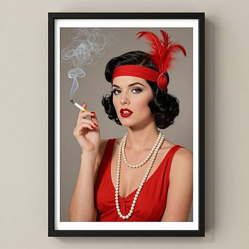 Vintage-style photograph of a fair-skinned woman with black curls, red lipstick, and red headband with feather, smoking a cigarette, wearing a red