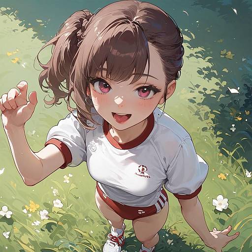 Cheerful Anime Girl in Gym Uniform Outdoors