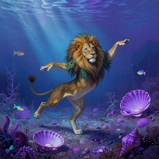 Digital artwork of an underwater lion with a green mane, dancing among glowing purple shells and colorful fish in a vibrant blue ocean.