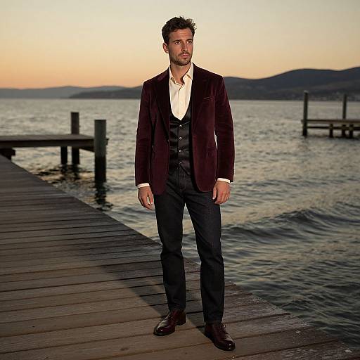 Photograph of a bearded man in a dark purple velvet blazer, white shirt, black vest, and pants, standing on a wooden pier at