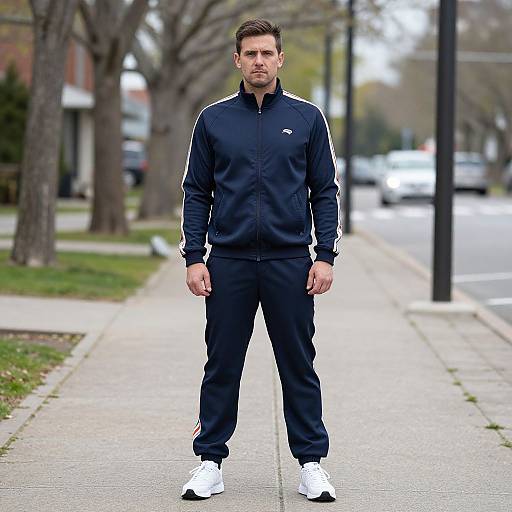 Photograph of a serious, short-haired man in navy Adidas tracksuit and white sneakers, standing on a suburban sidewalk with blurred trees and buildings in the
