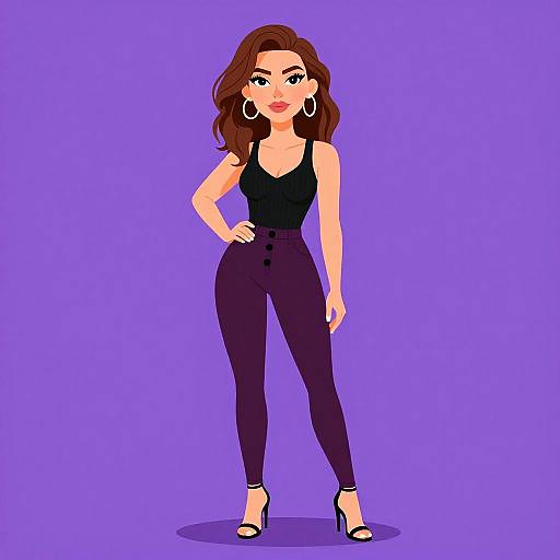 Digital illustration of a confident woman with wavy brown hair, wearing a black tank top, high-waisted purple pants, and black heels, against