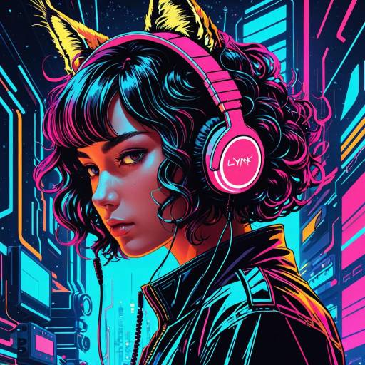 Cyberpunk Lynx Calligrapher with Neon Headphones