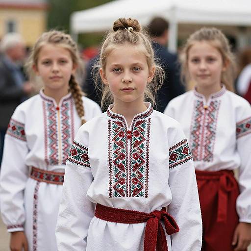 Photograph of three young girls with blonde hair in traditional white embroidered blouses and red skirts, standing outdoors, blurred background.