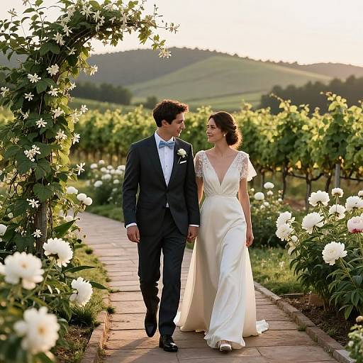 Photograph of a smiling couple in wedding attire walking hand-in-hand down a garden path, surrounded by blooming white roses and lush greenery, with
