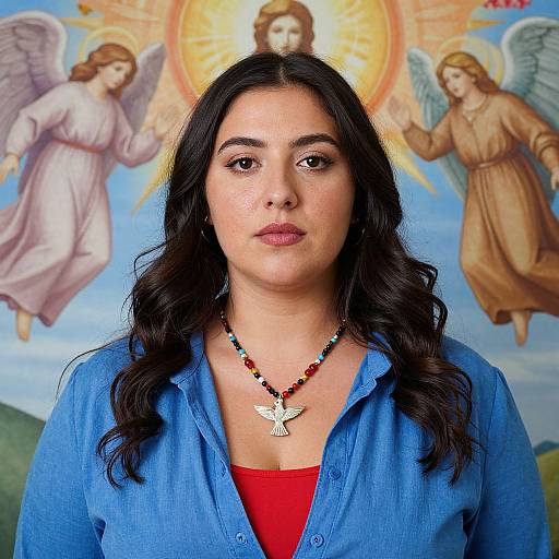 Photograph of a Latina woman with long black hair, blue shirt, red top, beaded necklace, and serious expression, against a religious mural with