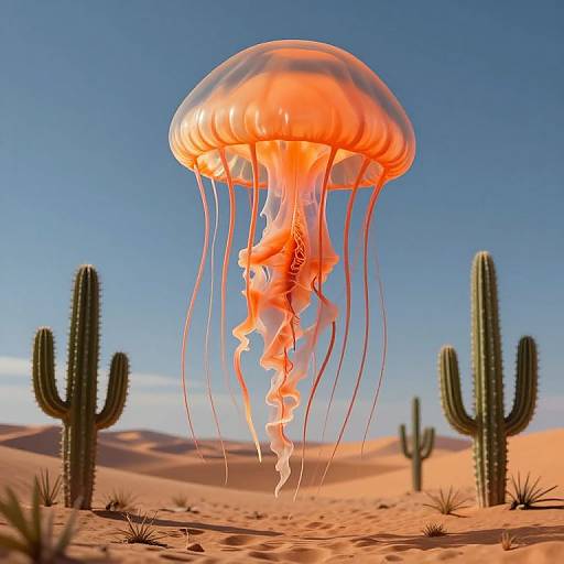 Photorealistic image of a glowing orange jellyfish hovering above a desert with cacti, clear blue sky, and sandy dunes.
