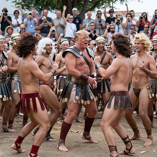 Man in Roman Gladiator Costume Surrounded by Group