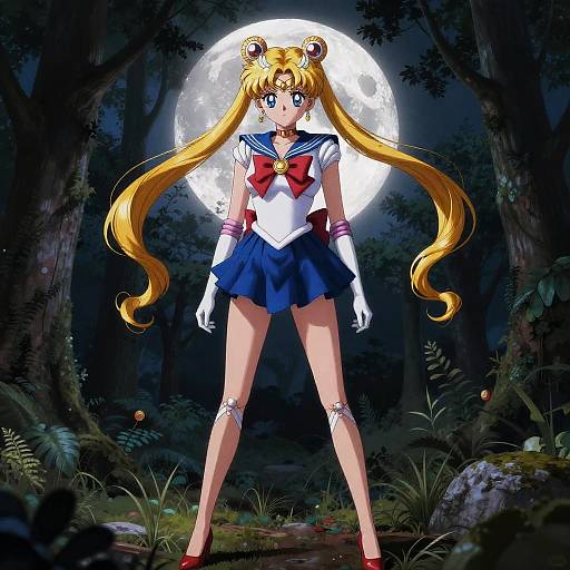 Digital anime artwork of Sailor Moon with long blonde pigtails, blue sailor outfit, red bow, and white gloves, standing confidently against a full moon