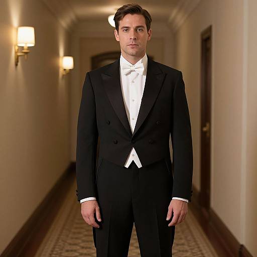 Photograph of a serious, fair-skinned man in a black tuxedo and white bow tie standing in a dimly lit, carpeted hallway