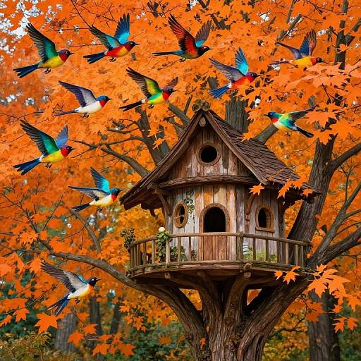 Photograph of a wooden birdhouse on a vibrant orange autumn tree, surrounded by colorful, multicolored birds in mid-flight.