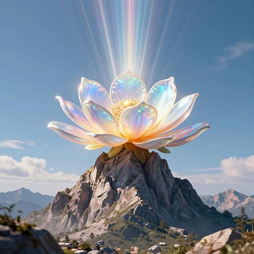 Digital artwork of a glowing, ethereal flower blooming from a mountain peak, with sunlight beams radiating upwards against a clear blue sky and distant mountain