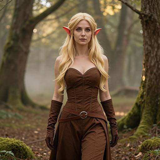 Photograph of a blonde elf woman with pointed ears, wearing a brown corset dress and gloves, standing in a misty forest.