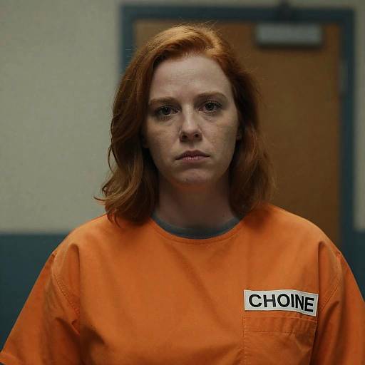 Photograph of a serious-looking Caucasian woman with red hair, wearing an orange prison shirt with 