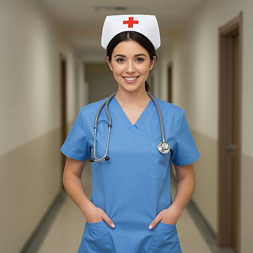 Photograph of a smiling young woman with dark hair, wearing a blue nurse uniform, white nurse hat with red cross, stethoscope, standing in