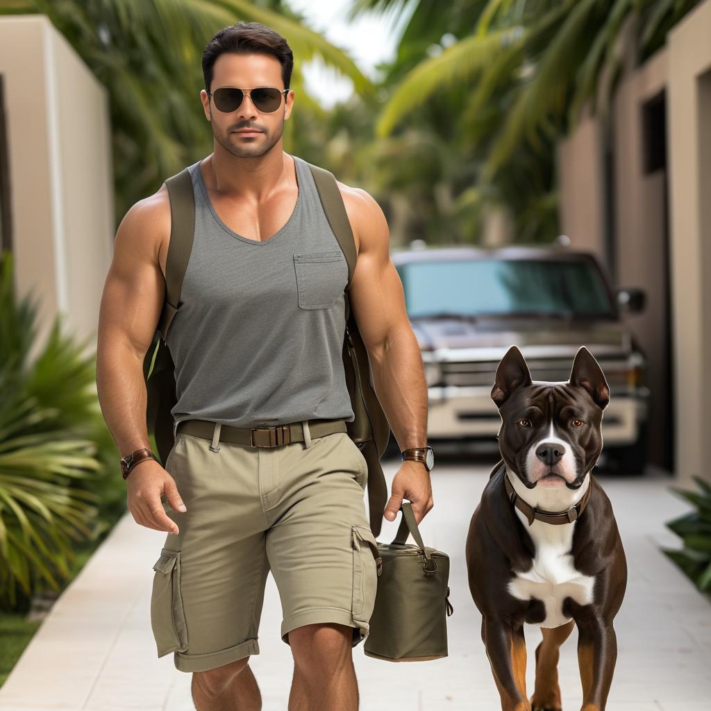 Confident Man Strolling with Pitbull