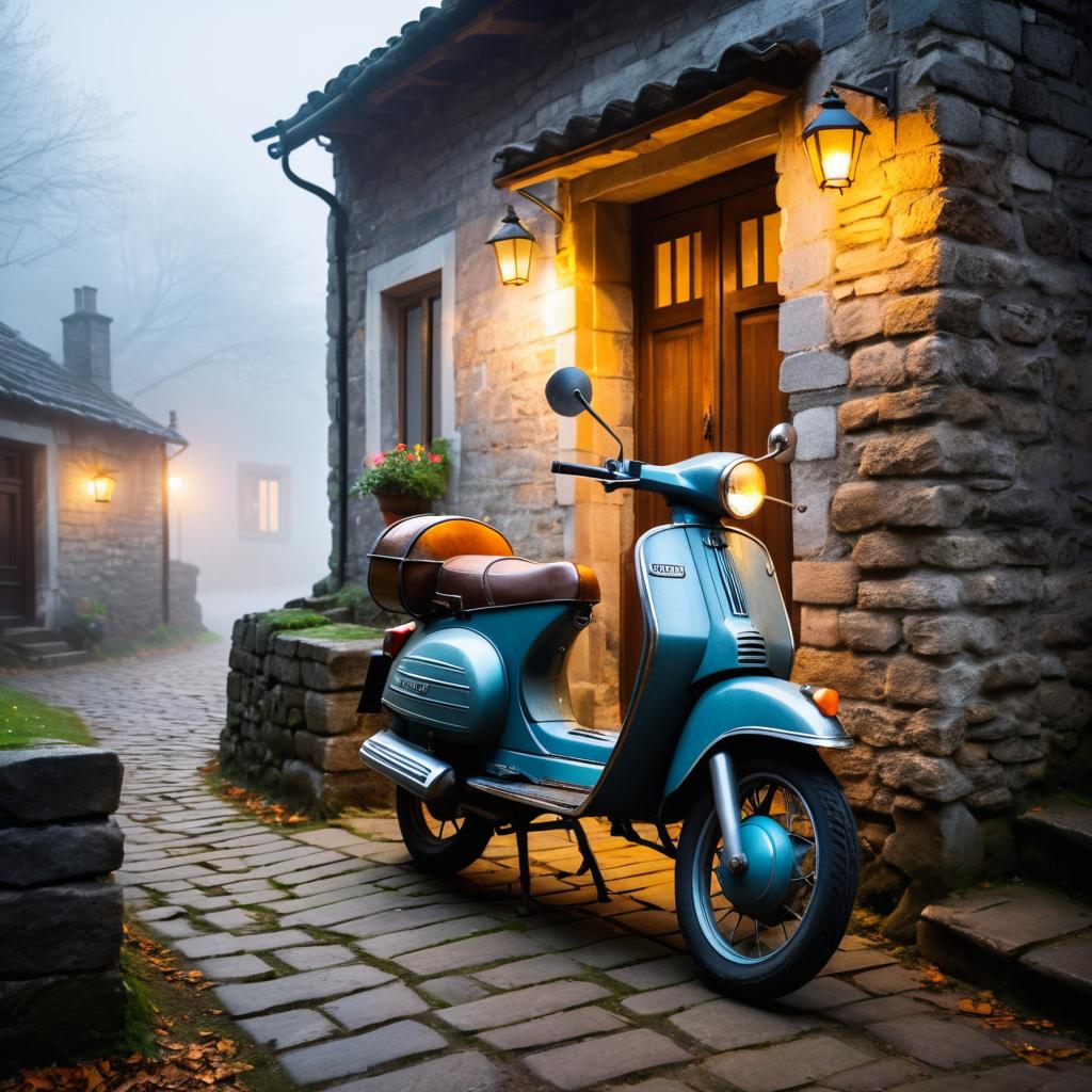 Nostalgic Moped by a Misty Stone House