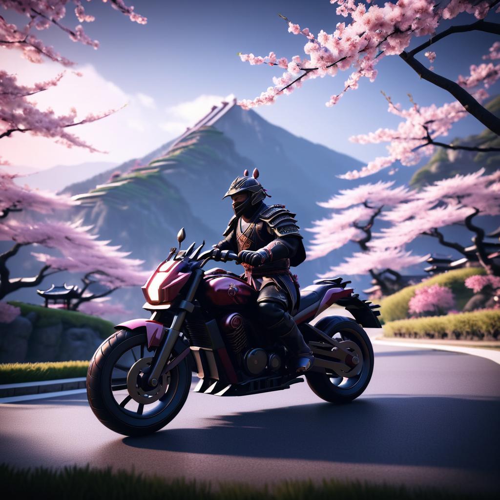 Samurai on Motorcycle with Cherry Blossoms